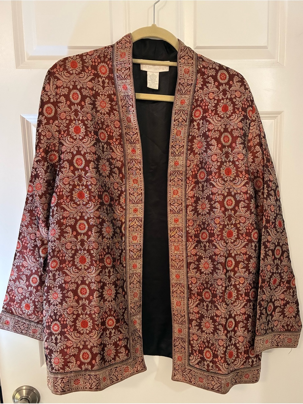 Vintage Soft Surroundings Verrado Brocade Embroidered Open-Front Burgundy Jacket